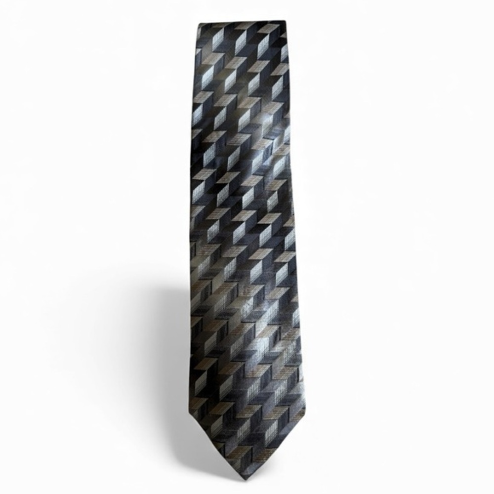 Lamberti Made‎ in Italy Silk Necktie Gray Silver Black Geometric 3D Cube Pattern